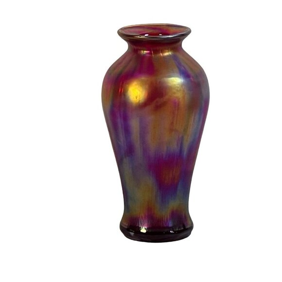 Fenton Amberina Optic Collection Ruby Blue Orange Iridescent Glass Vase signed - Picture 7 of 16